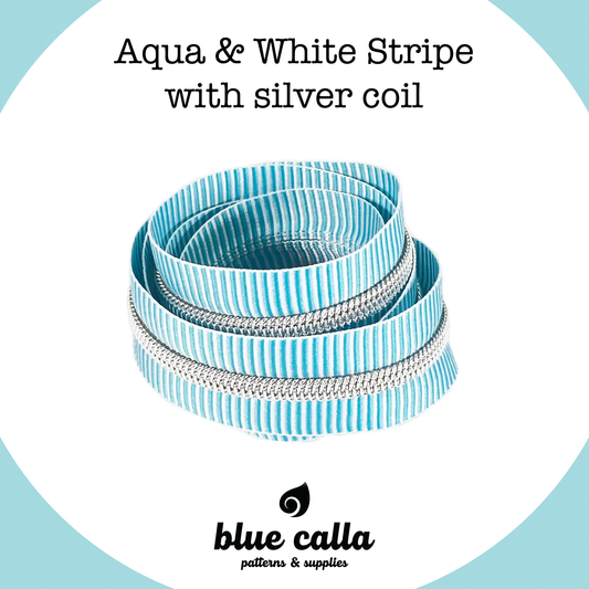 SILVER COIL - AQUA AND WHITE STRIPE - #5 Metallic Nylon Coil Zipper tape
