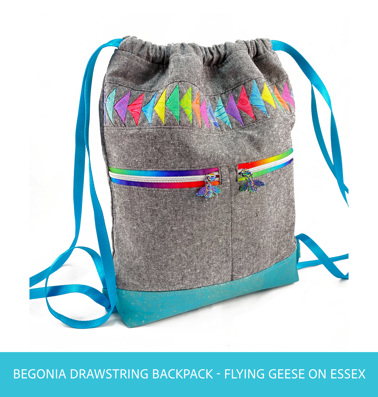 Begonia Backpack in Rainbow Flying Geese on Charcoal Essex with Aqua cork