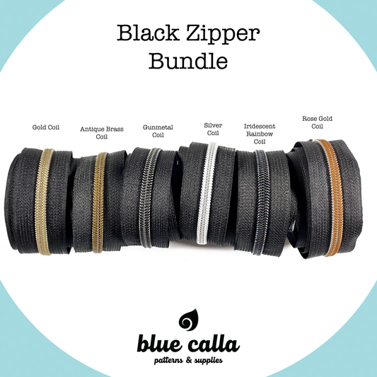 #5 Metallic Nylon Coil Zipper tape - Black tape bundle with 6 finishes