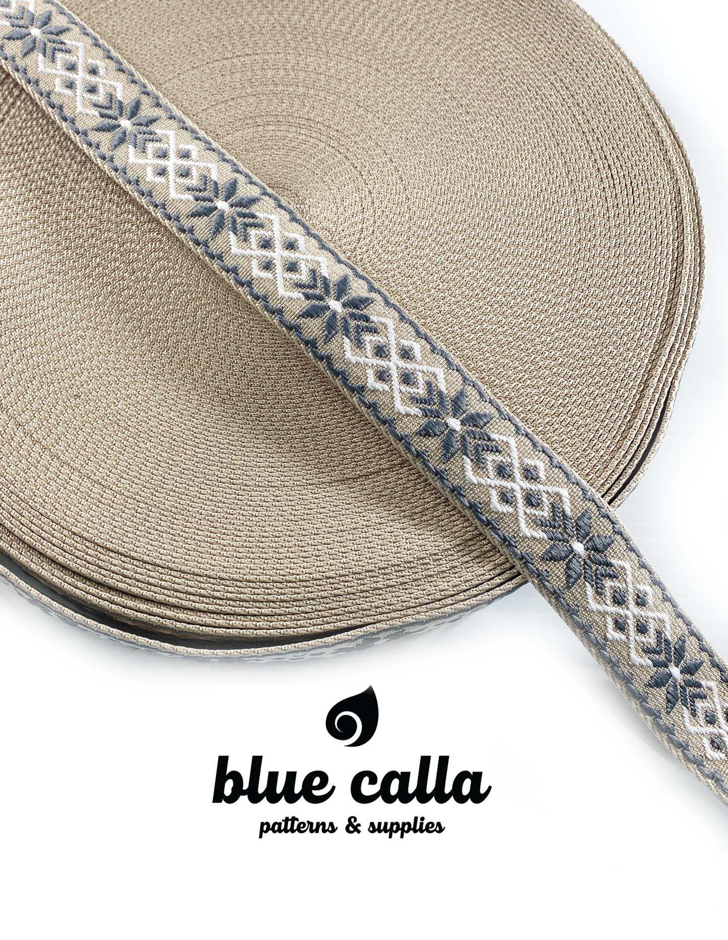 Celtic Jacquard Webbing - BEIGE, GREY AND WHITE - 1.5" wide