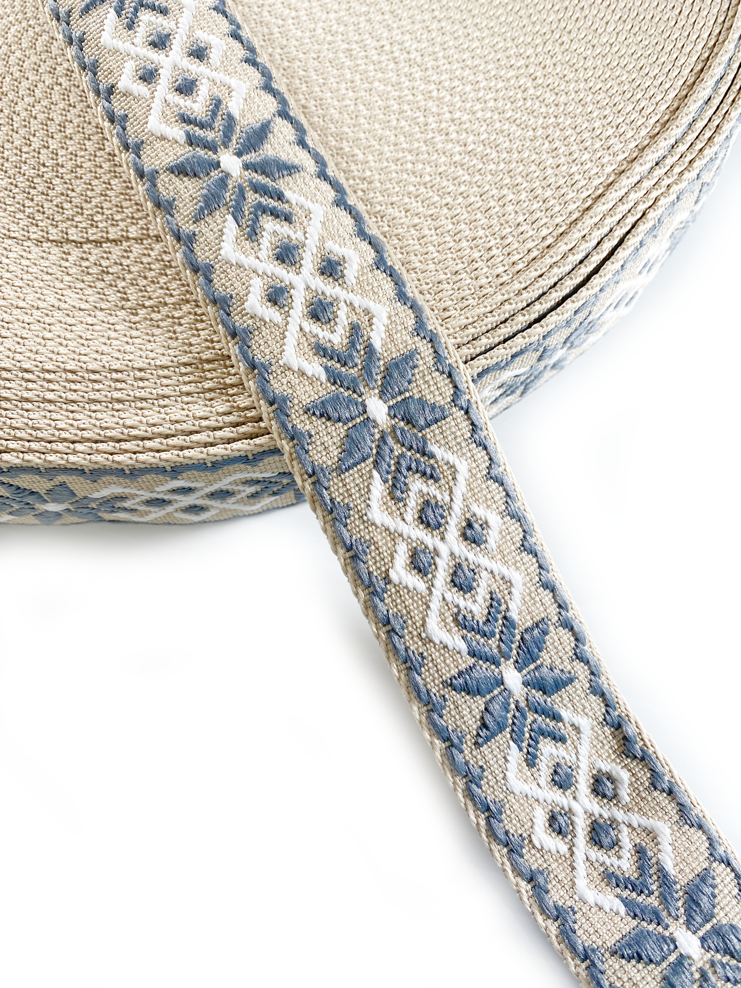 Celtic Jacquard Webbing - BEIGE, GREY AND WHITE - 1.5" wide