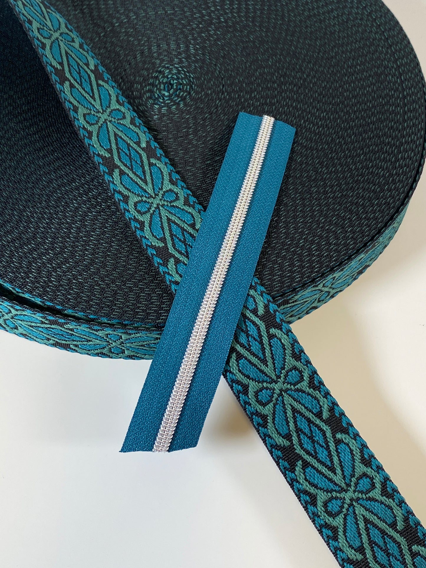 Diamond Floral Jacquard Webbing - TEAL & GREEN - 1.5" wide