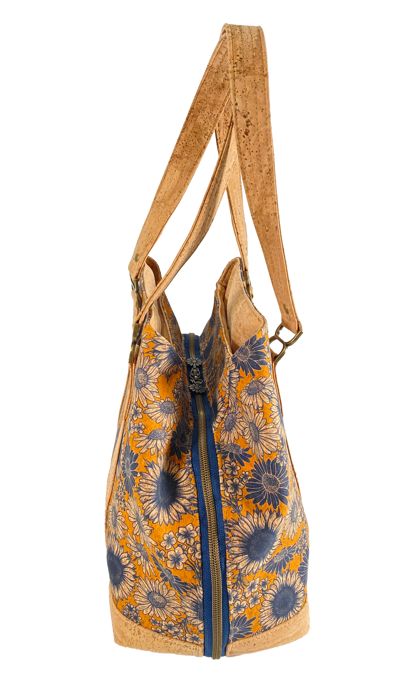Lisianthus Handbag in Sunflowers in Navy with Natural Cork