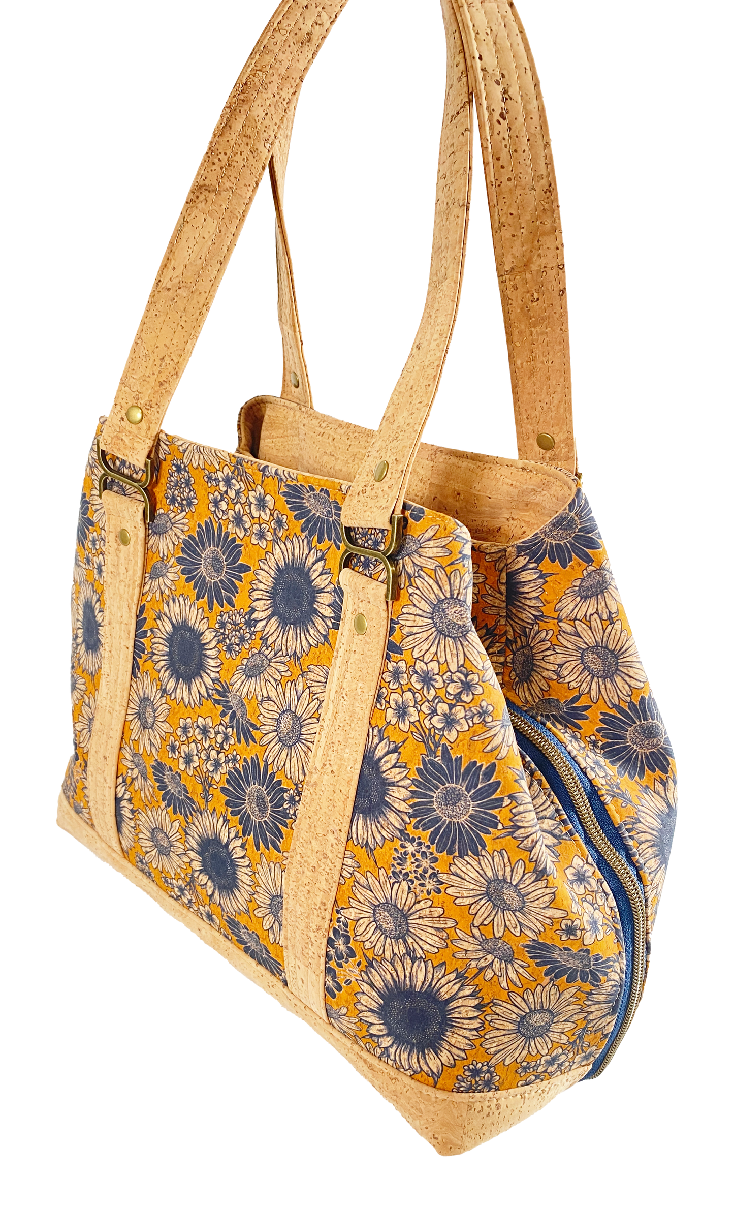 Lisianthus Handbag in Sunflowers in Navy with Natural Cork