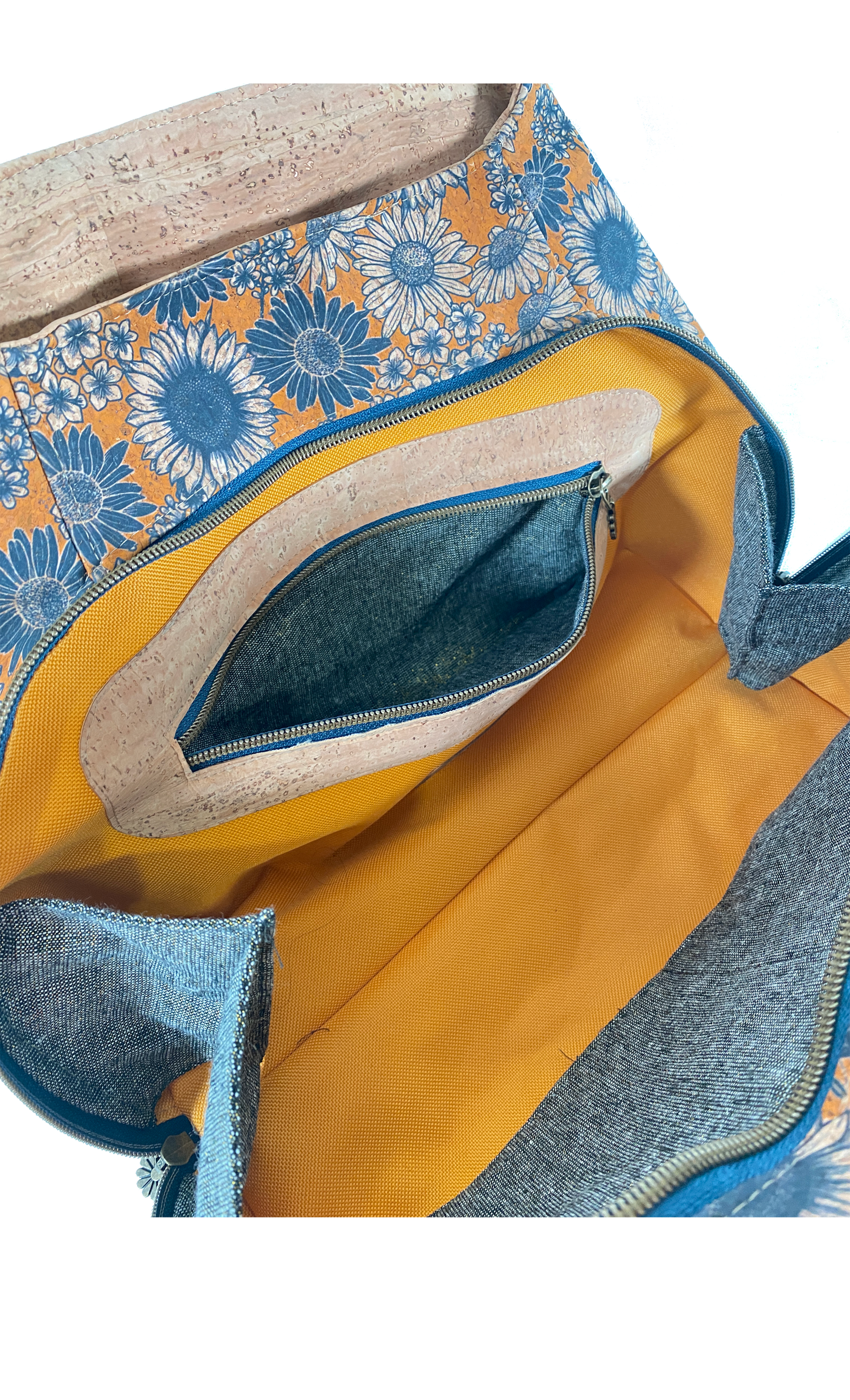 Lisianthus Handbag in Sunflowers in Navy with Natural Cork