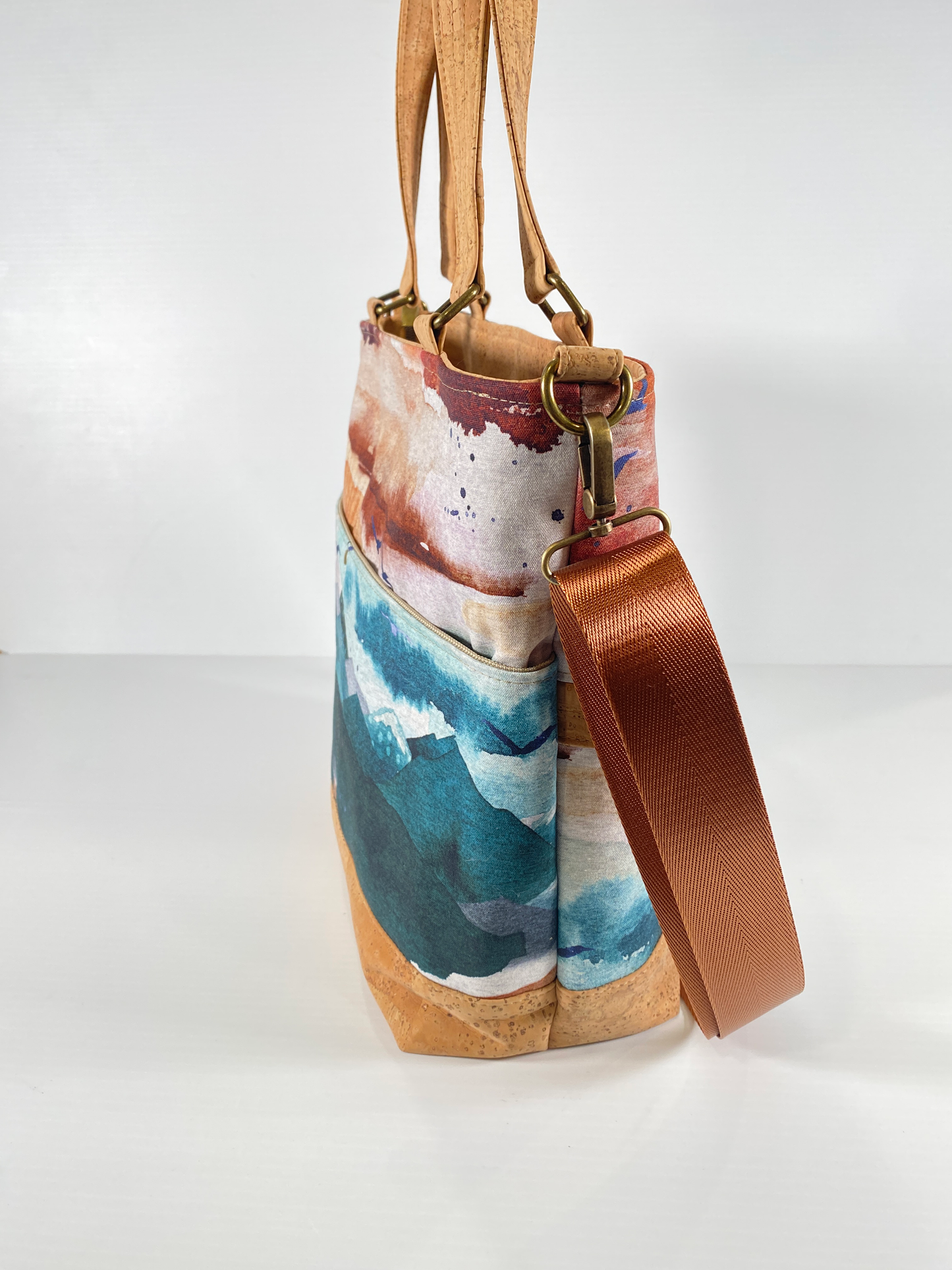 Mini Waterlily Tote in Natural Cork and Mountain Landscape