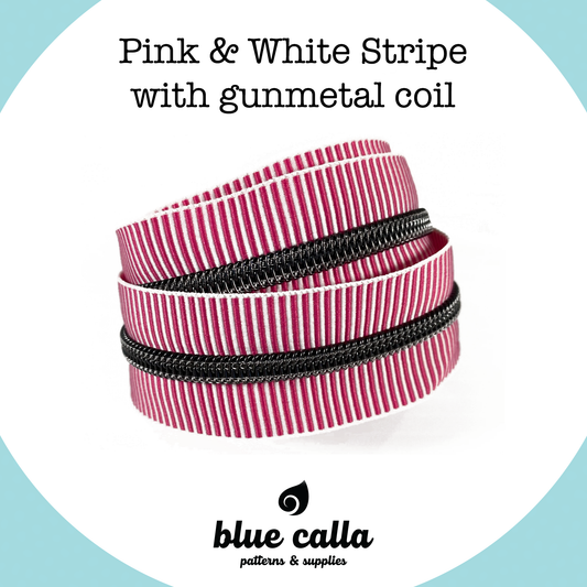 GUNMETAL COIL - PINK AND WHITE STRIPE - #5 Metallic Nylon Coil Zipper