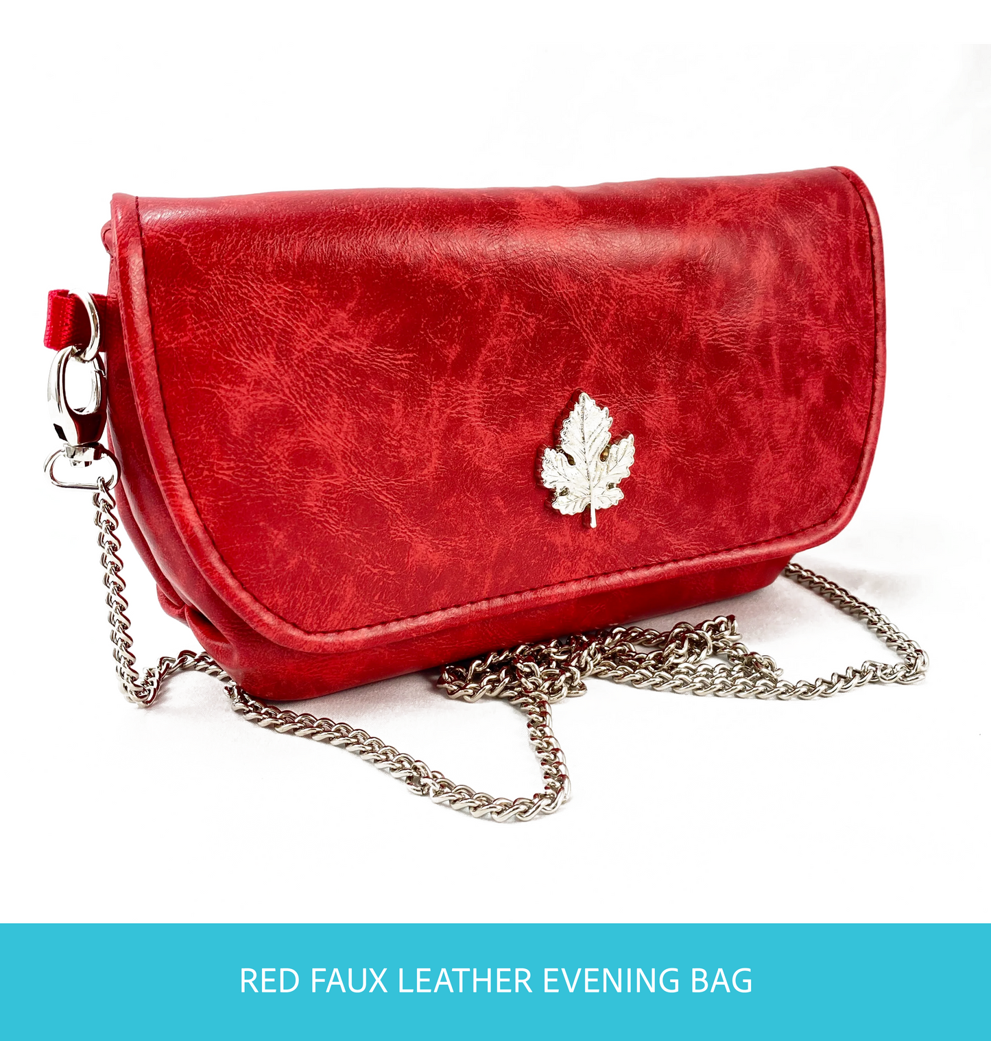 Evening bag in Red Faux Leather with maple leaf lock and chain strap