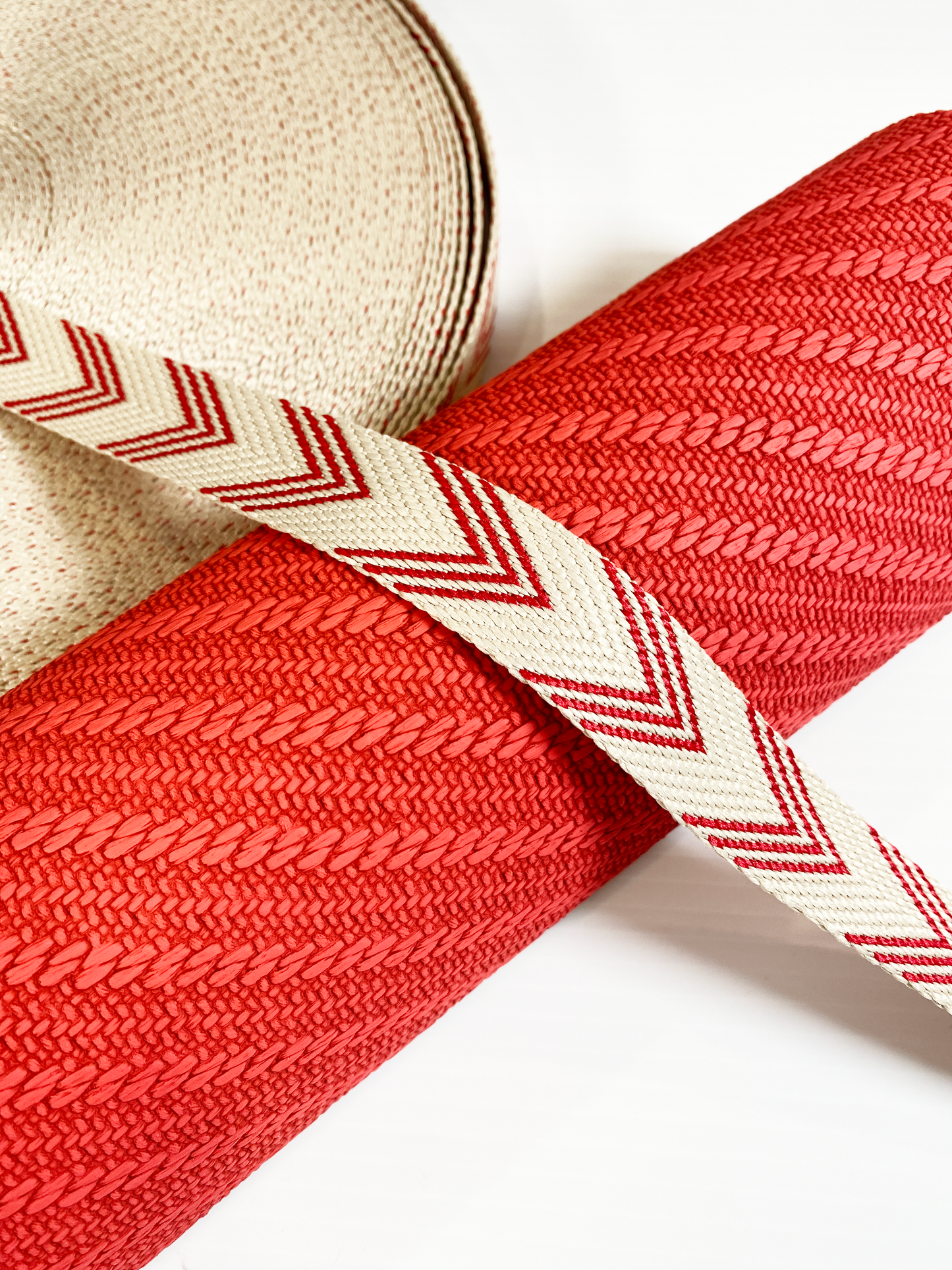 Jacquard Webbing - RED AND IVORY HERRINGBONE - 1" wide
