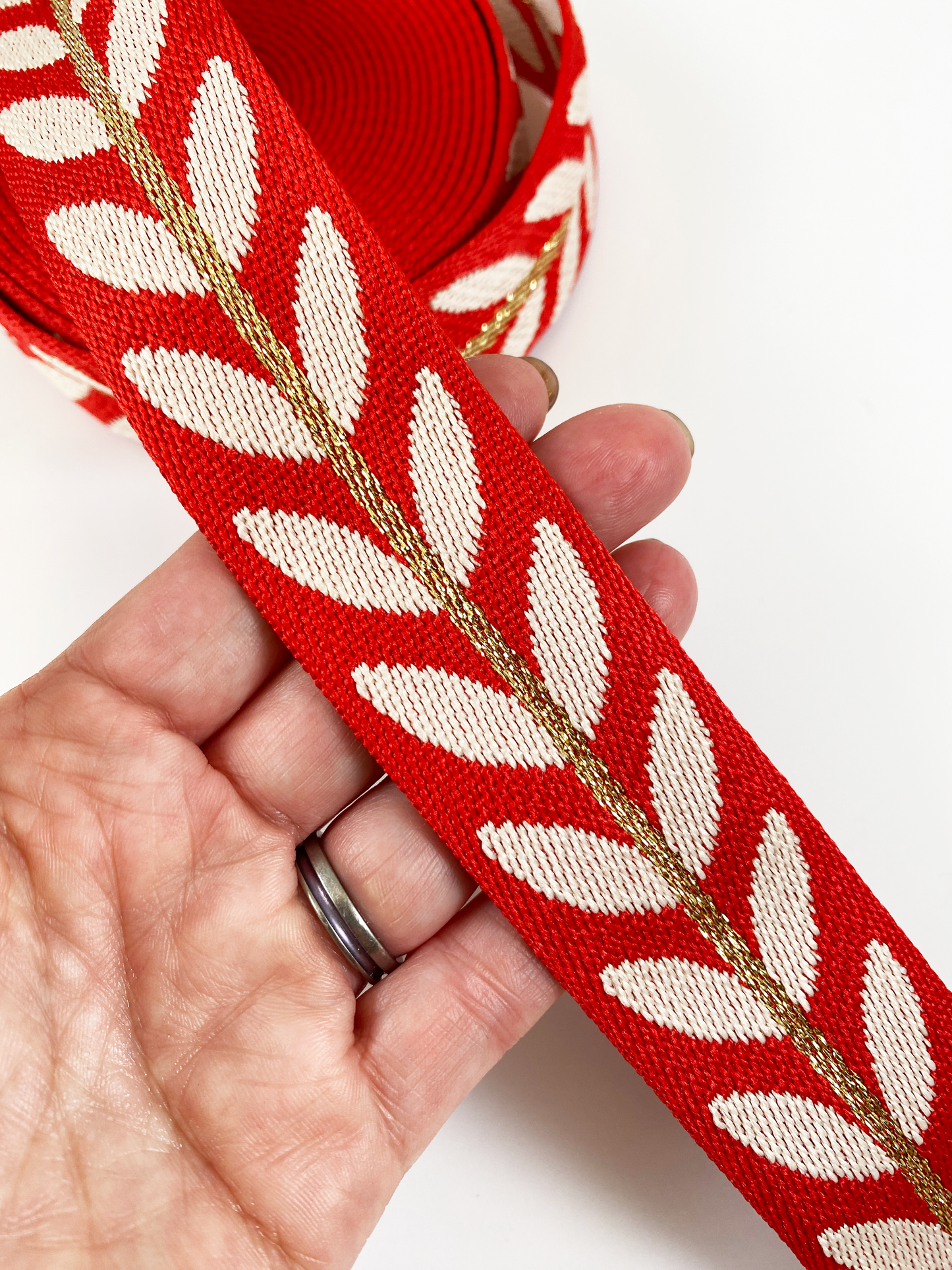 Metallic Vine Jacquard Webbing - Red - 1.5" wide