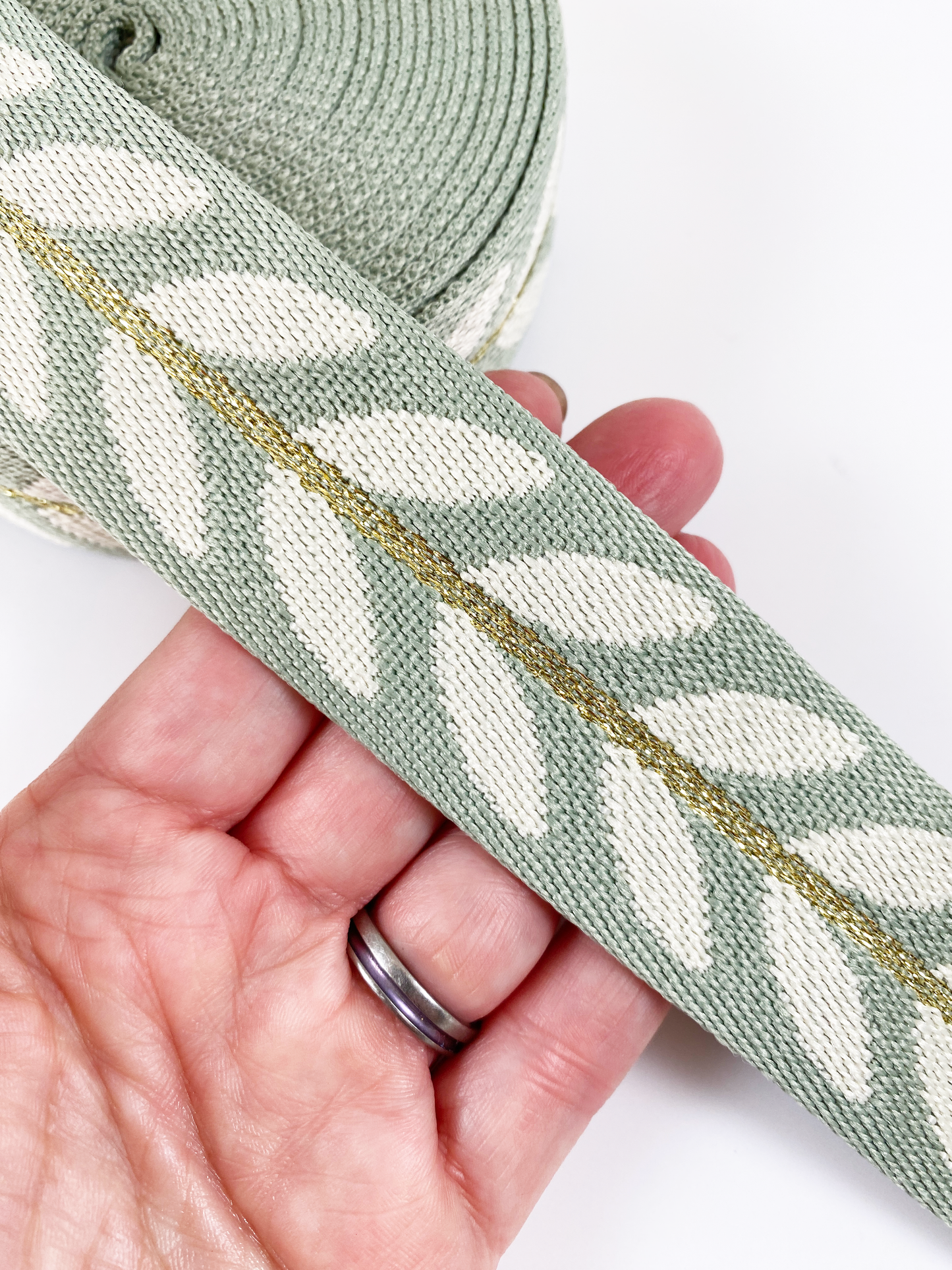 Metallic Vine Jacquard Webbing - Sage - 1.5" wide