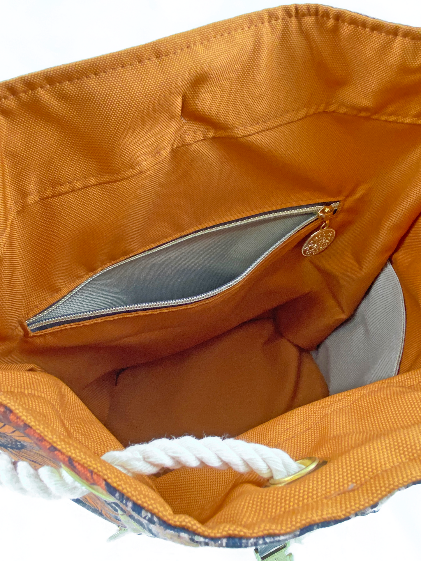 Drawstring Backpack with Fall floral on Charcoal with Natural Cork with gold accents