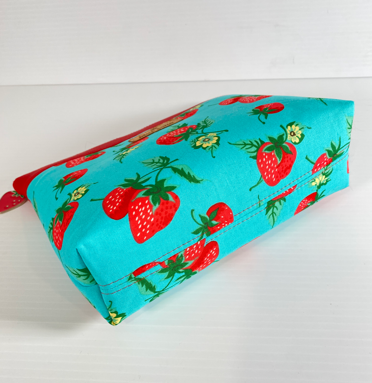 Zipper Pouch - Strawberries on Aqua with red faux leather