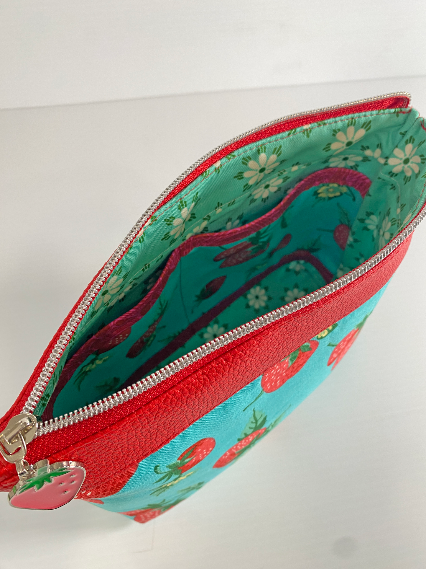 Zipper Pouch - Strawberries on Aqua with red faux leather