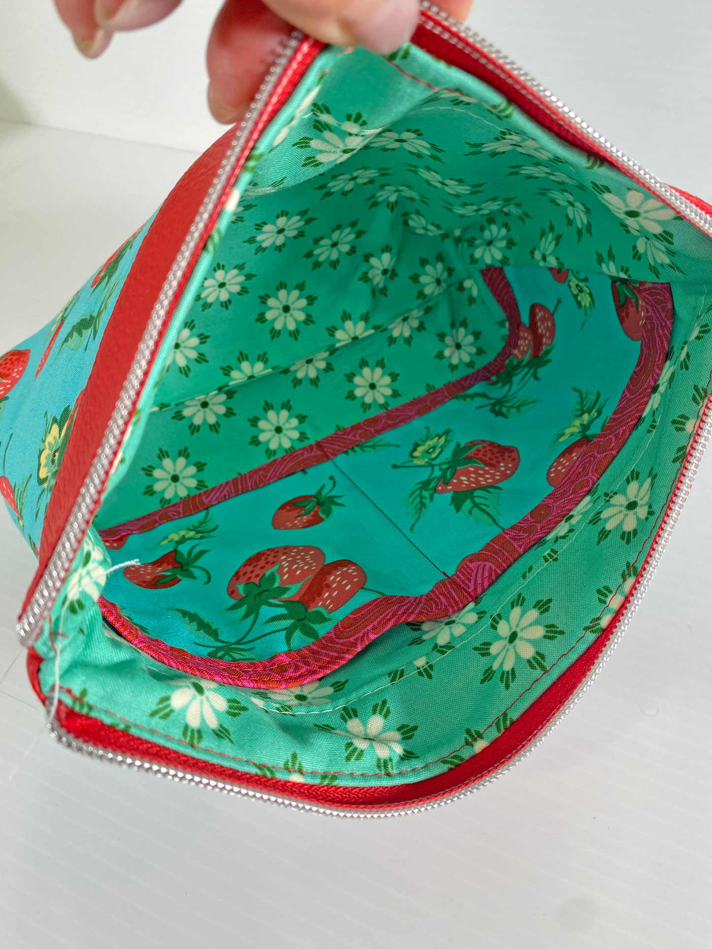 Zipper Pouch - Strawberries on Aqua with red faux leather