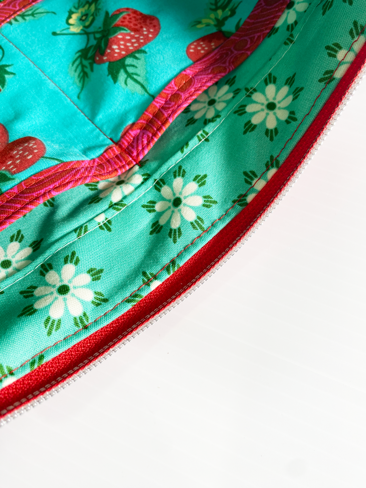 Zipper Pouch - Strawberries on Aqua with red faux leather