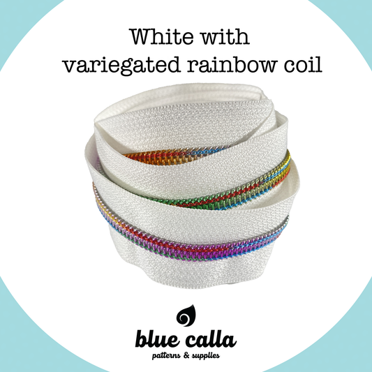VARIEGATED RAINBOW COIL - WHITE - #5 Metallic Nylon Coil Zipper tape