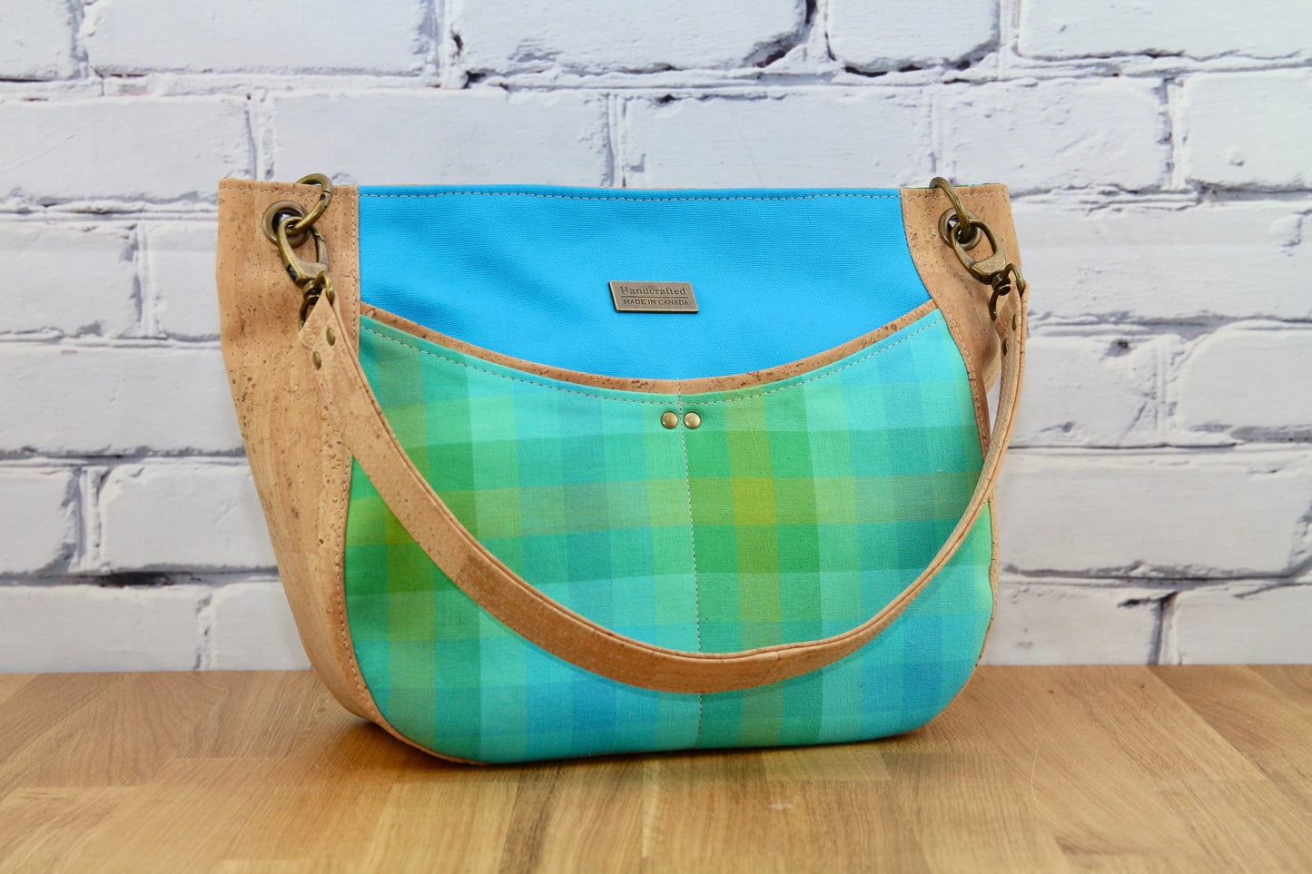 Delphinium Hobo bag in natural cork and Alison Glass plaid - small size