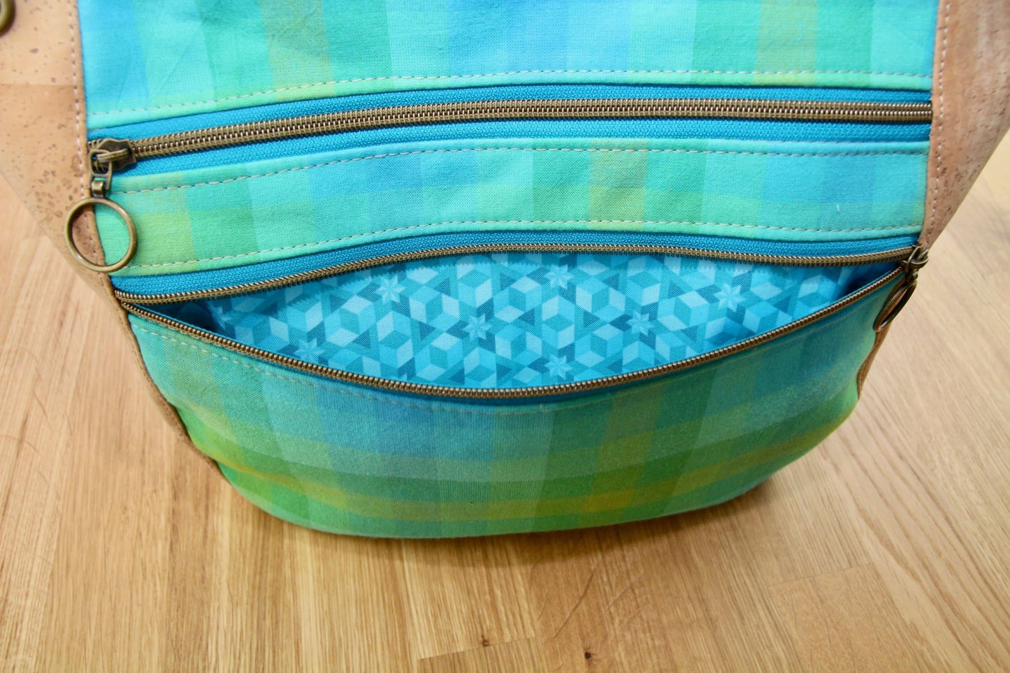Delphinium Hobo bag in natural cork and Alison Glass plaid - small size