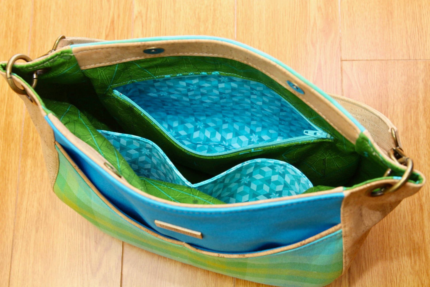 Delphinium Hobo bag in natural cork and Alison Glass plaid - small size