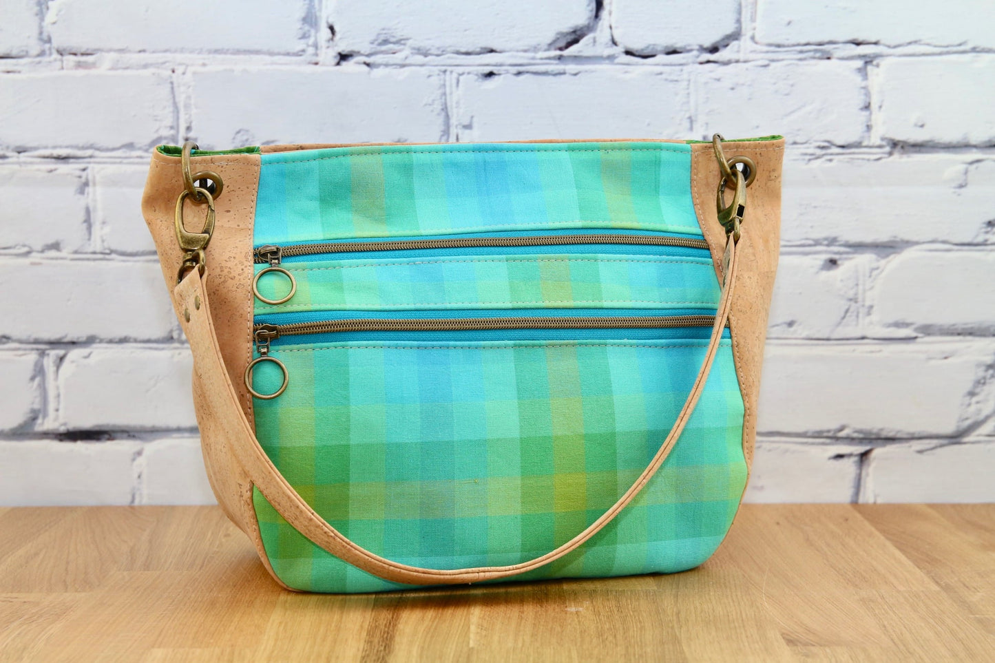 Delphinium Hobo bag in natural cork and Alison Glass plaid - small size