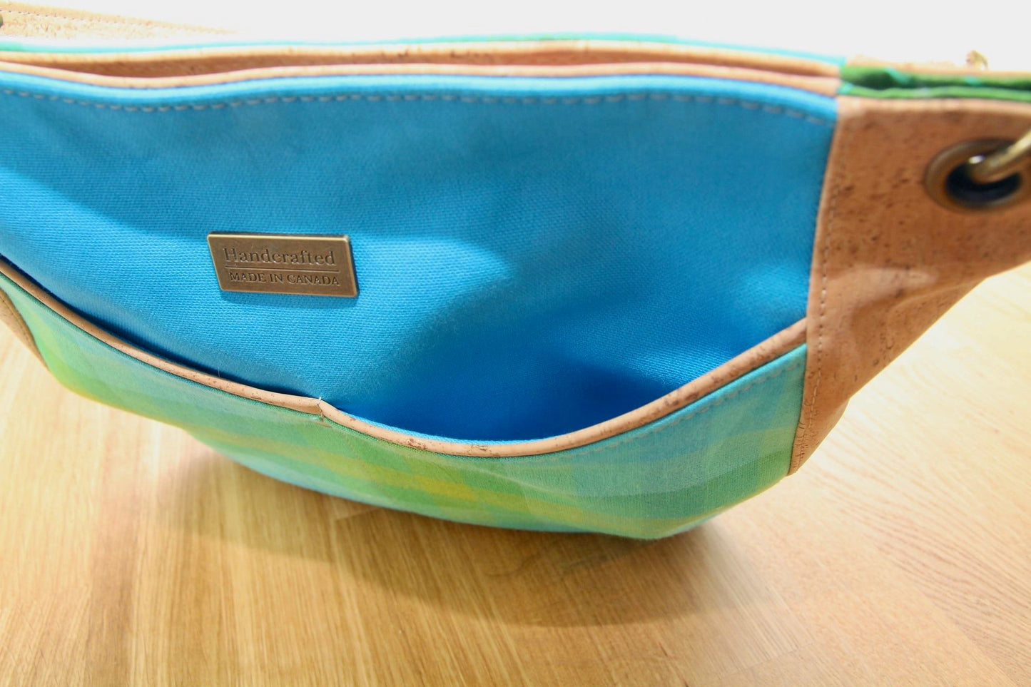 Delphinium Hobo bag in natural cork and Alison Glass plaid - small size