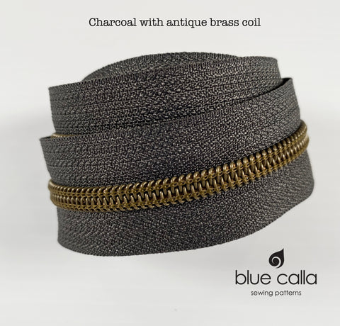 ANTIQUE BRASS COIL - CHARCOAL - #5 Metallic Nylon Coil Zipper tape