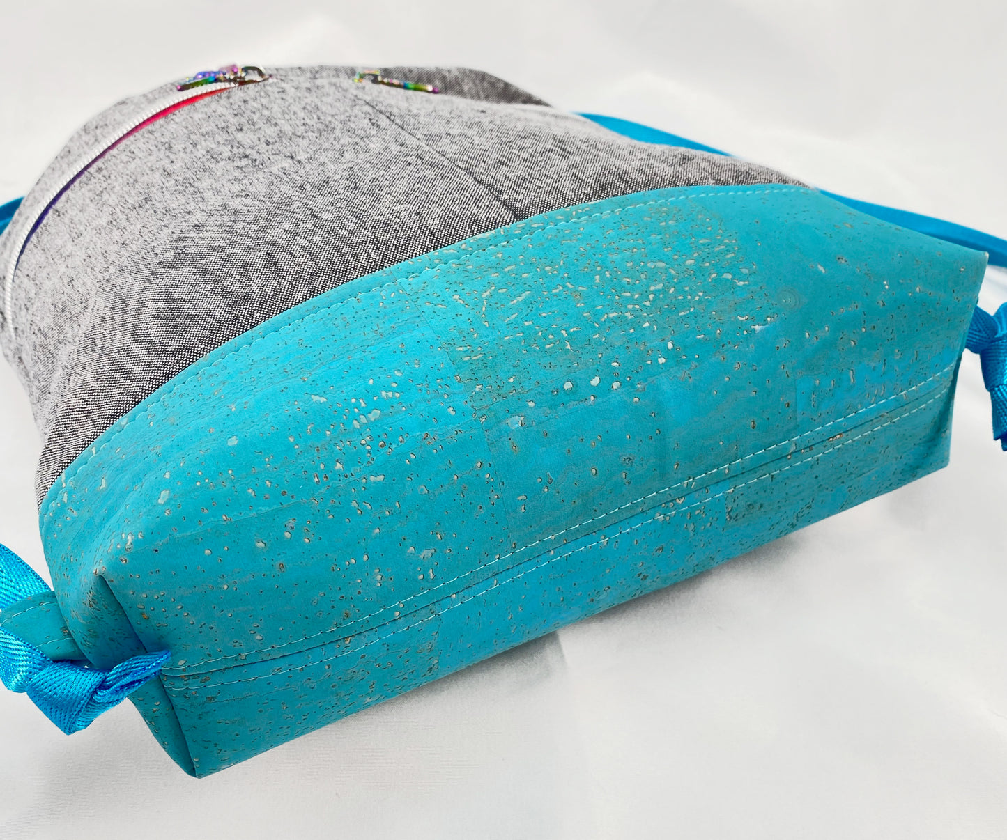 Begonia Backpack in Rainbow Flying Geese on Charcoal Essex with Aqua cork