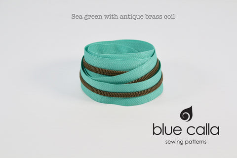 ANTIQUE BRASS COIL - SEA GREEN - #5 Metallic Nylon Coil Zipper tape