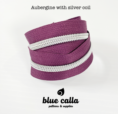 SILVER COIL - AUBERGINE - #5 Metallic Nylon Coil Zipper tape