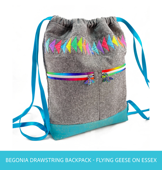 Begonia Backpack in Rainbow Flying Geese on Charcoal Essex with Aqua cork