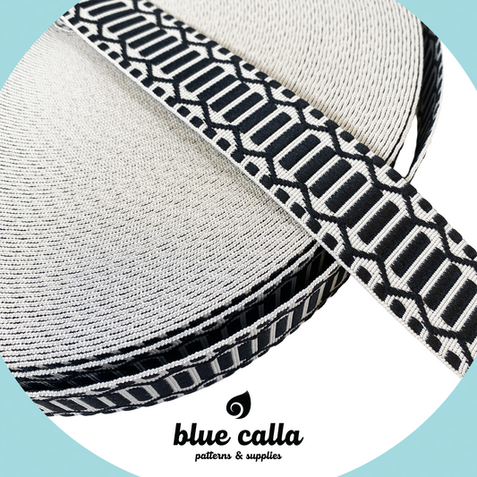 Trellis Jacquard Webbing - BLACK & IVORY - 1.5" wide