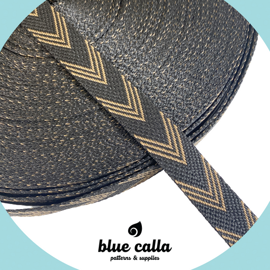 Jacquard Webbing - BLACK AND MILK CHOCOLATE HERRINGBONE - 1" wide