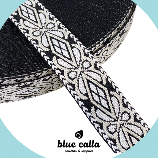 Diamond Floral Jacquard Webbing - BLACK & IVORY - 1.5" wide