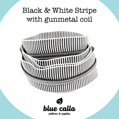 GUNMETAL COIL - BLACK AND WHITE STRIPE - #5 Metallic Nylon Coil Zipper