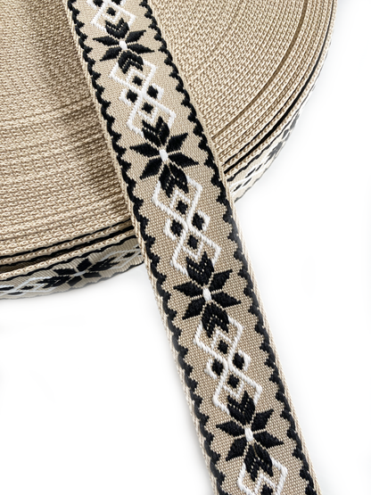 Celtic Jacquard Webbing - BEIGE, BLACK AND WHITE - 1.5" wide