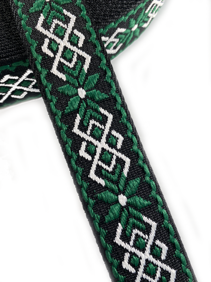 Celtic Jacquard Webbing - BLACK, EMERALD GREEN AND WHITE - 1.5" wide