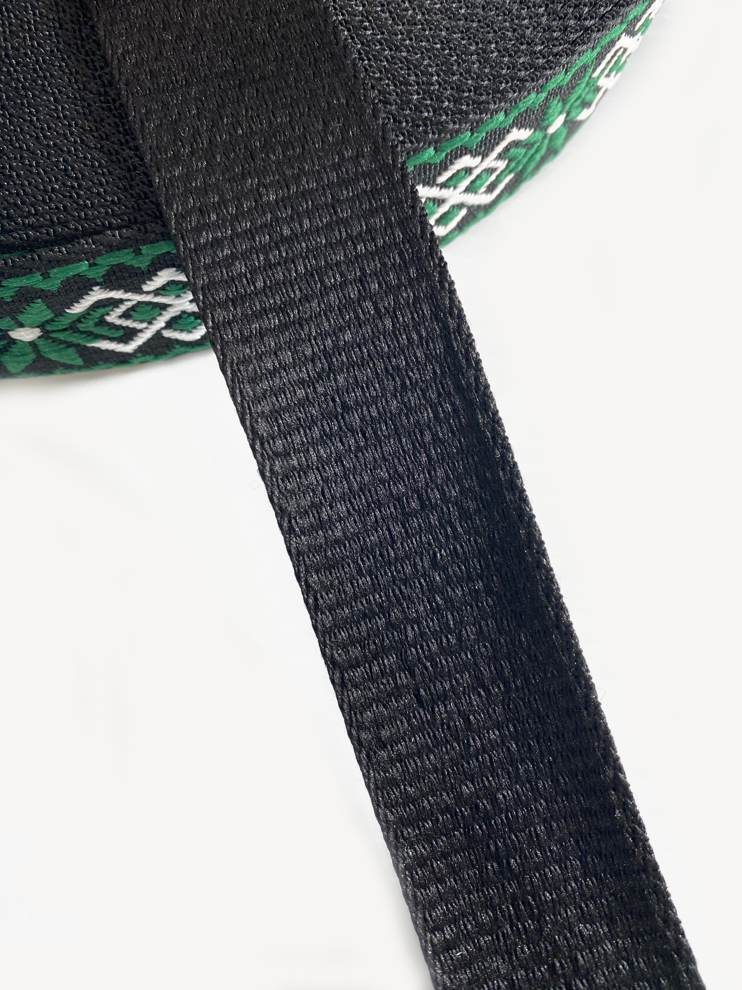 Celtic Jacquard Webbing - BLACK, EMERALD GREEN AND WHITE - 1.5" wide