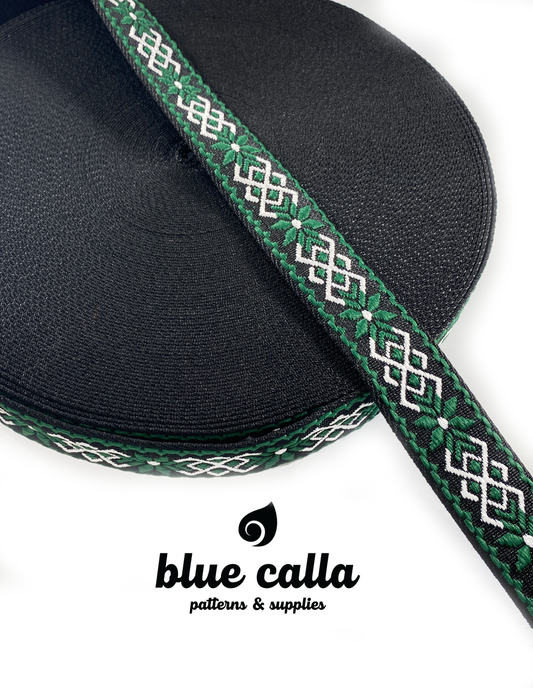 Celtic Jacquard Webbing - BLACK, EMERALD GREEN AND WHITE - 1.5" wide