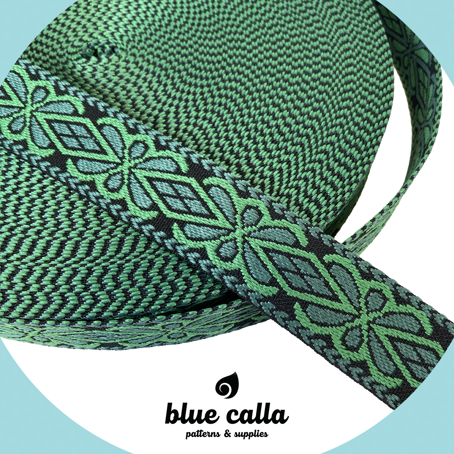Diamond Floral Jacquard Webbing - EMERALD & BLUE - 1.5" wide