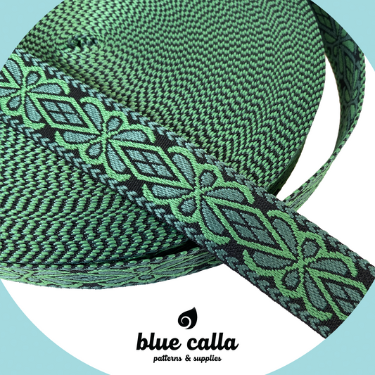 Diamond Floral Jacquard Webbing - EMERALD & BLUE - 1.5" wide