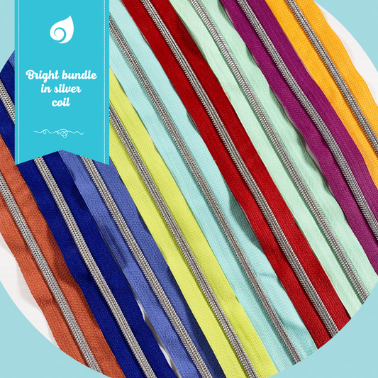 DISCOUNT ZIPPER BUNDLE - #5 Metallic Nylon Coil Zipper tape - Bright Bundle in Silver coil