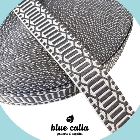 Trellis Jacquard Webbing - CHARCOAL & IVORY - 1.5" wide