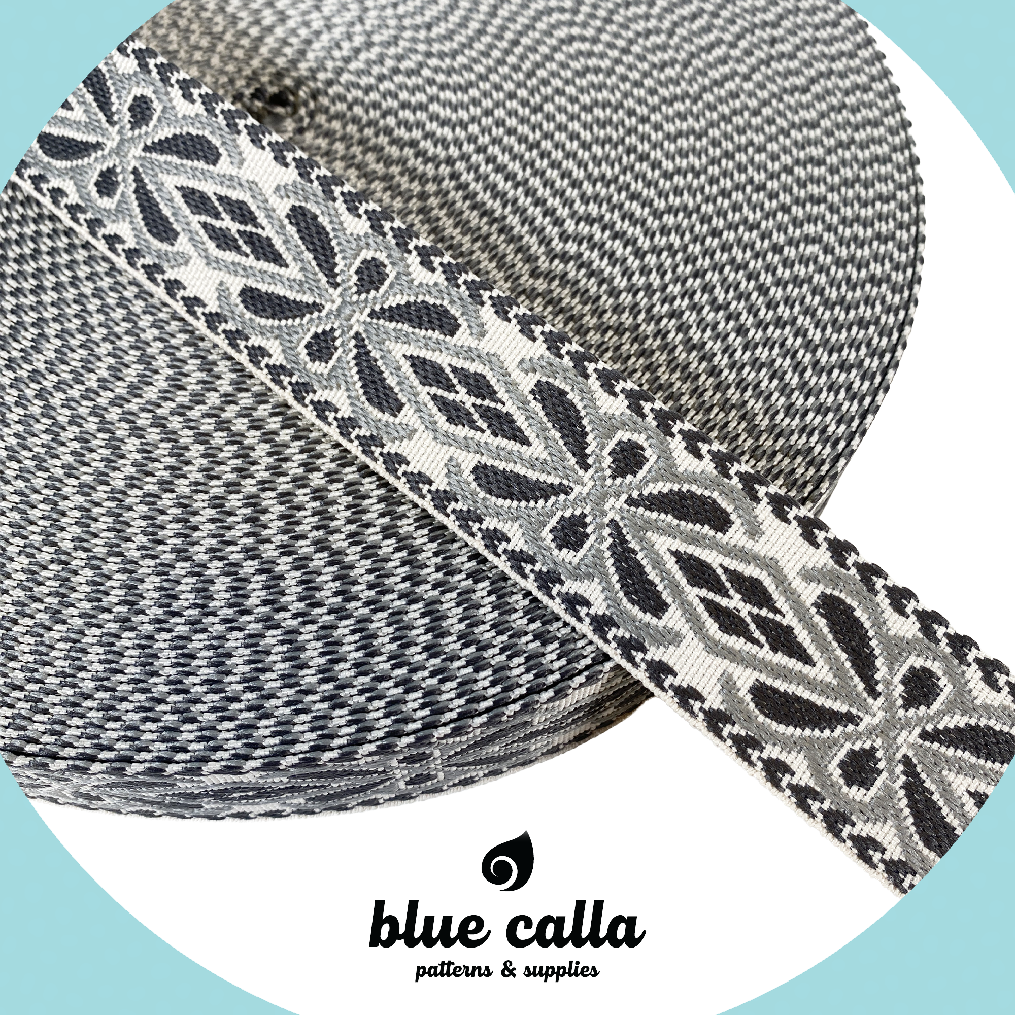 Diamond Floral Jacquard Webbing - CHARCOAL - 1.5