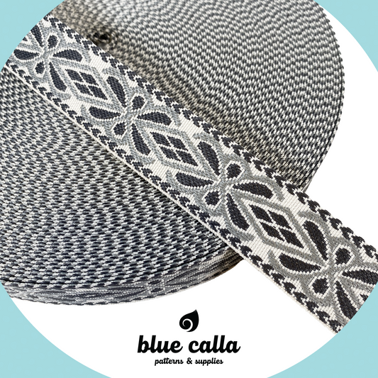 Diamond Floral Jacquard Webbing - CHARCOAL - 1.5" wide