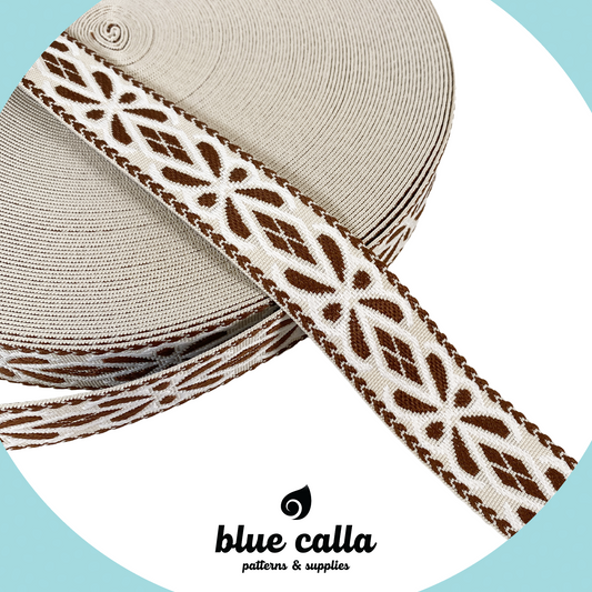 Diamond Floral Jacquard Webbing - CINNAMON & IVORY - 1.5" wide