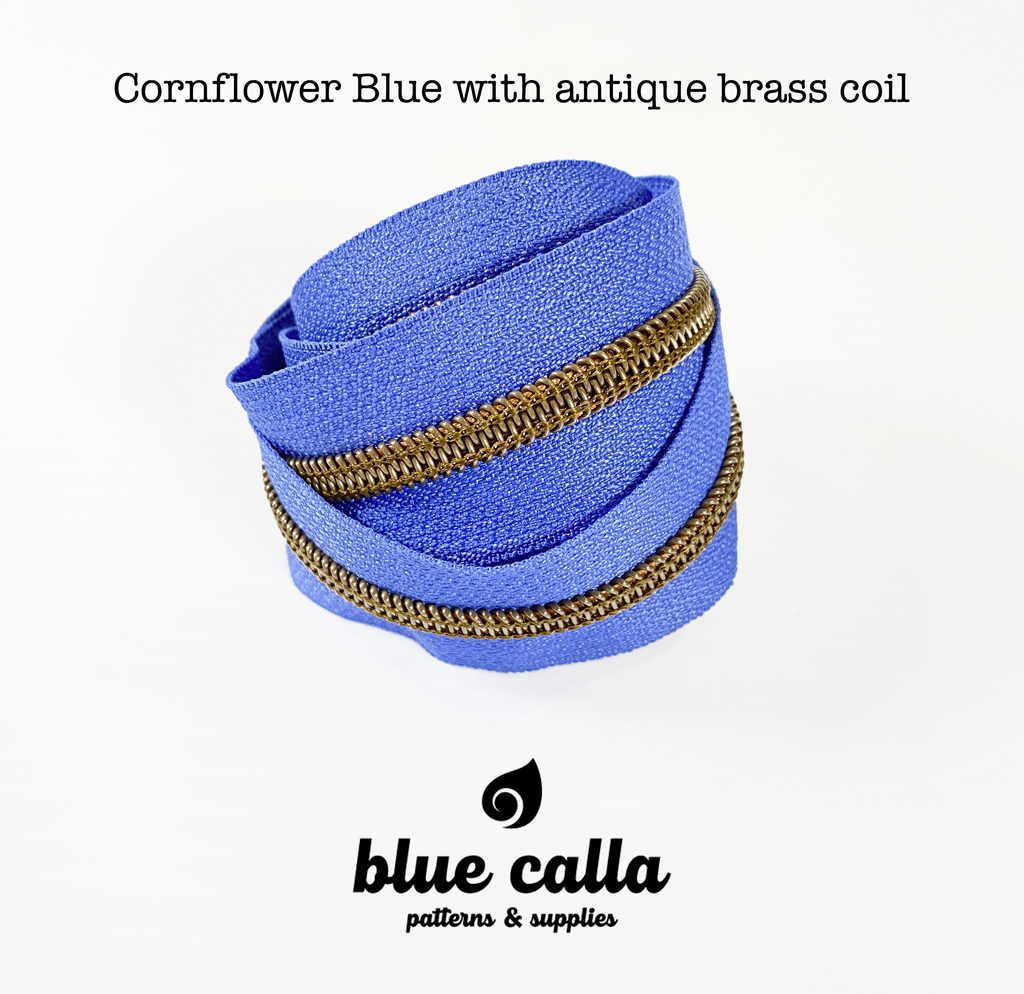 ANTIQUE BRASS COIL - CORNFLOWER BLUE - #5 Metallic Nylon Coil Zipper tape