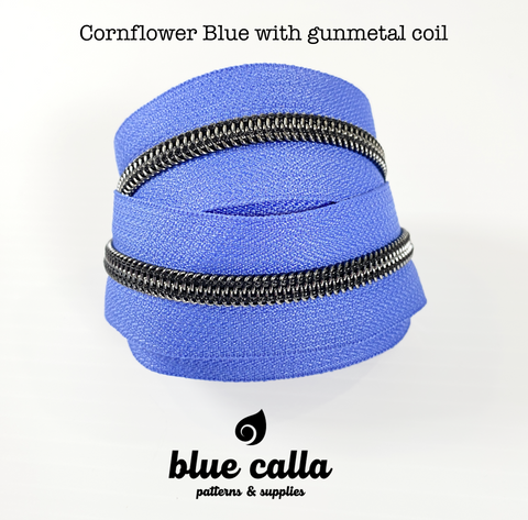 GUNMETAL COIL - CORNFLOWER BLUE - #5 Metallic Nylon Coil Zipper tape