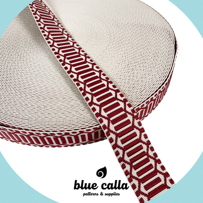 Trellis Jacquard Webbing - CRANBERRY & IVORY - 1.5" wide