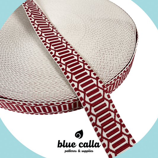 Trellis Jacquard Webbing - CRANBERRY & IVORY - 1.5" wide